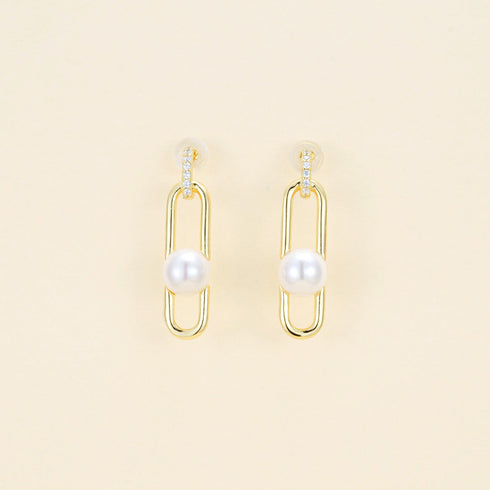 Modern Link Pearl Earrings - Gold Vermeil